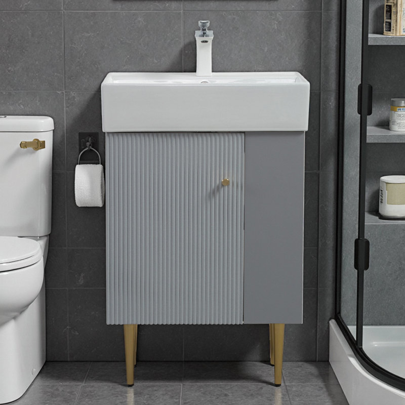 Meuble-lavabo gris 21,6 po avec lavabo en céramique, porte à fermeture douce et étagère de rangement ouverte, Gris
