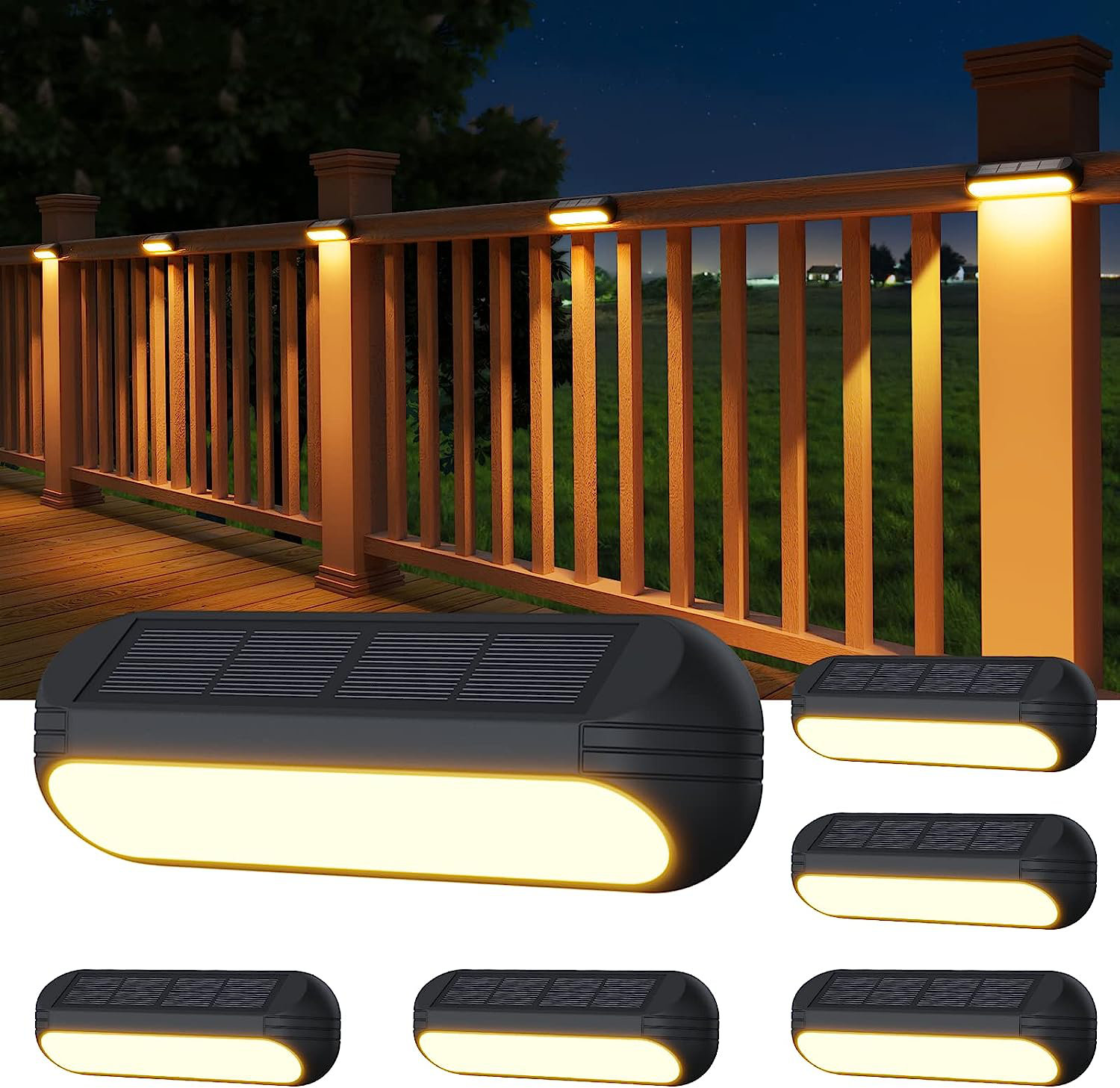 TFTEK Solar Fence Lights Outdoor, Waterproof Deck Pathway Yard Lamp, Stainless Steel,6 Pack,Black Metal case - 1