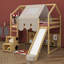 Lit mezzanine en bois avec cadre en forme de maison et auvent de style tente-511053758-511053753