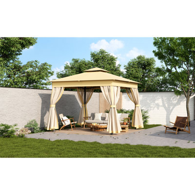 Tente de pavillon d'extérieur 10 x 10 avec toits doubles, pavillon de jardin avec moustiquaire, auvent de patio pour la cour, le jardin, la pelouse et la terrasse