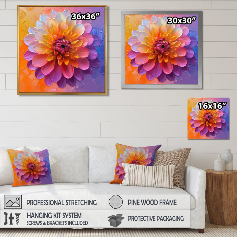 Dahlia mauve, orange et été - impression d'art mural Dahlia, Cadre flottant noir, H 30 po x l 30 po x P 1 po