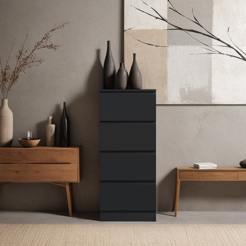 Warren 4 Drawer Tallboy Chest Of Drawers. 40cm Wide. High Gloss Front. Scratch Resistant. Modern No Handle Design., Black