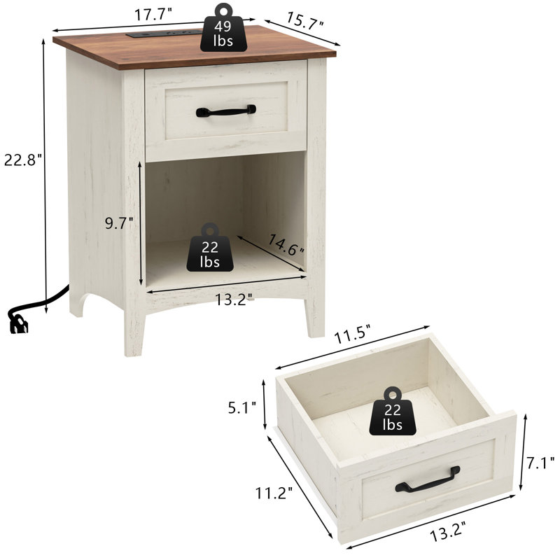 17.7'' W 1-Drawer Farmhouse Nightstand With Charging Station
