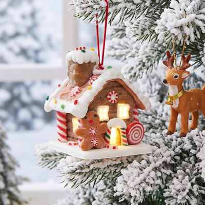 Maison de Noël lumineuse en polymère, en forme de maison de conte de fées, à poser sur une table. Fonctionne à piles. Veilleuse idéale pour la maison ou le bureau. Cadeau parfait pour les fêtes.