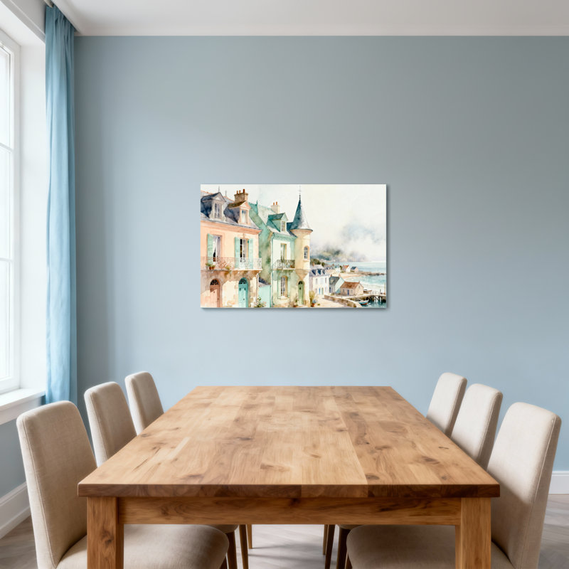 Scène de village côtier avec maisons pastel, H 32 po x l 48 po