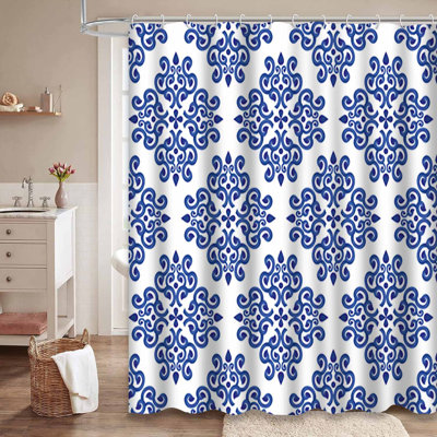 White Damask Style Abstract Art Blue Shower Curtain with 12 Hooks