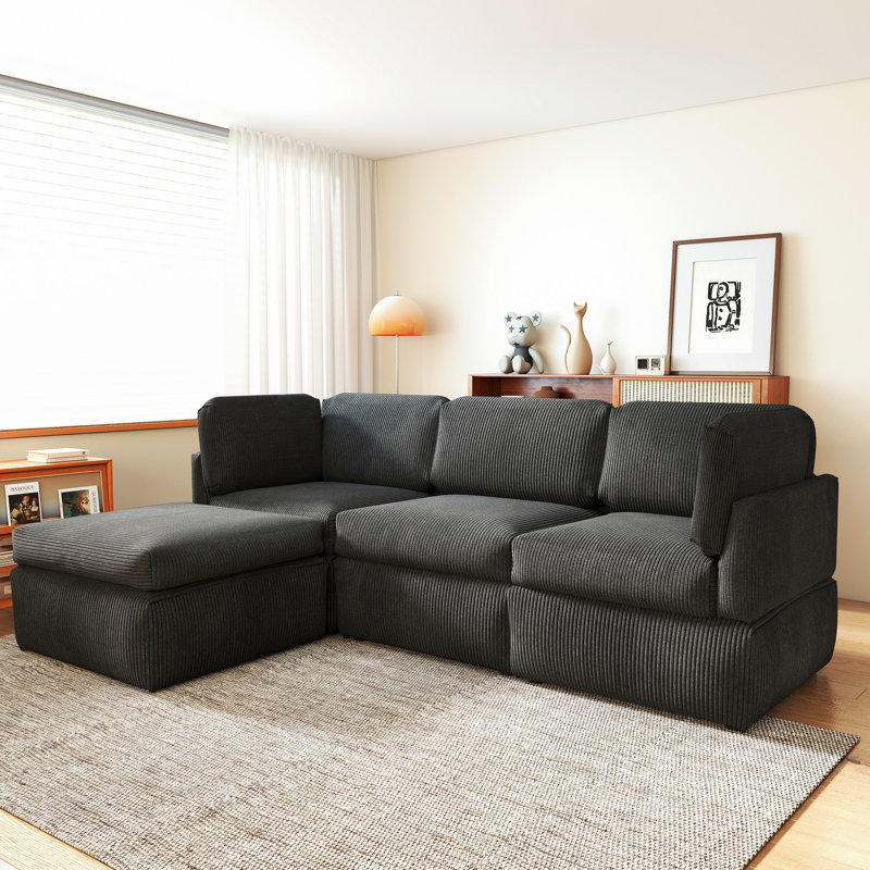 Canapé modulaire réversible de coin à 4 places avec repose-pieds Joko, Velours côtelé gris foncé