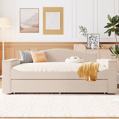 Relaxing Beige Daybed With Storage And Trundle, Integrated Audio System Full Size Fleece, For Fun Life Days