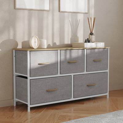 Draven 5 Drawer Storage Dresser with Cast Iron Frame, Wood Top and Fabric Drawers