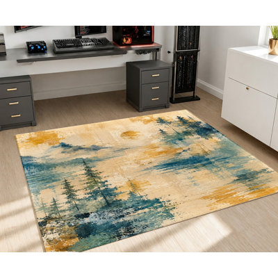 Tapis antidérapant en velours, motif de forêt abstrait bleu et jaune, tapis décoratif, décoration intérieure élégante pour salon, chambre, entrée, appartement