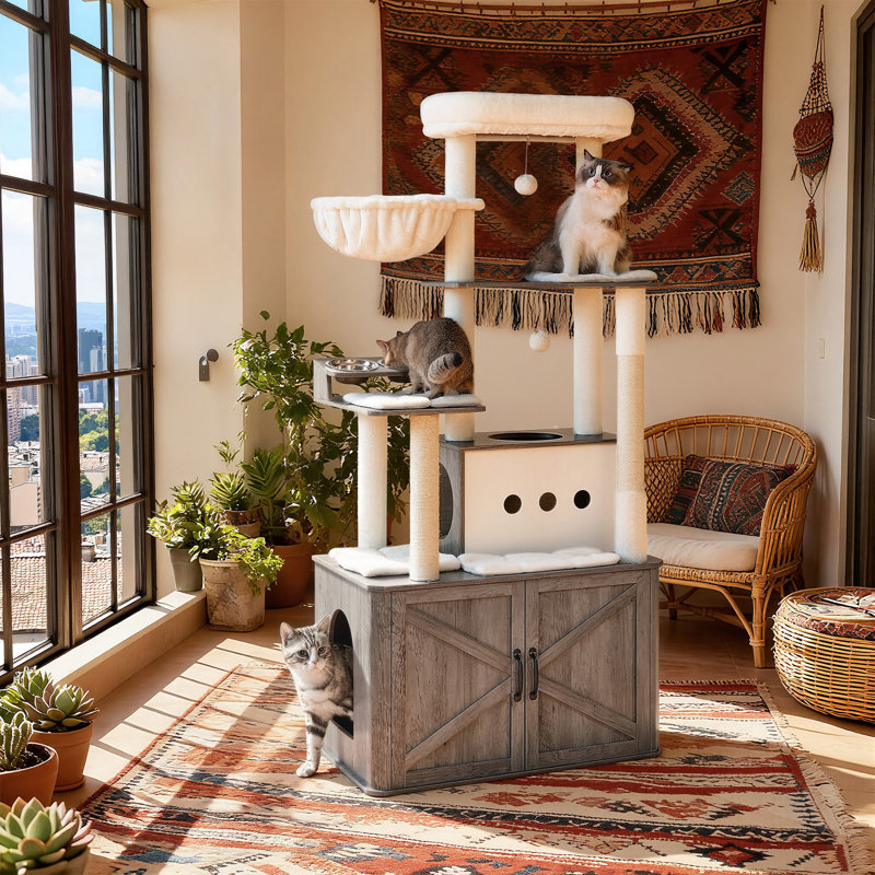 66.9“ Cat Tree with Litter Box Enclosure, Gray