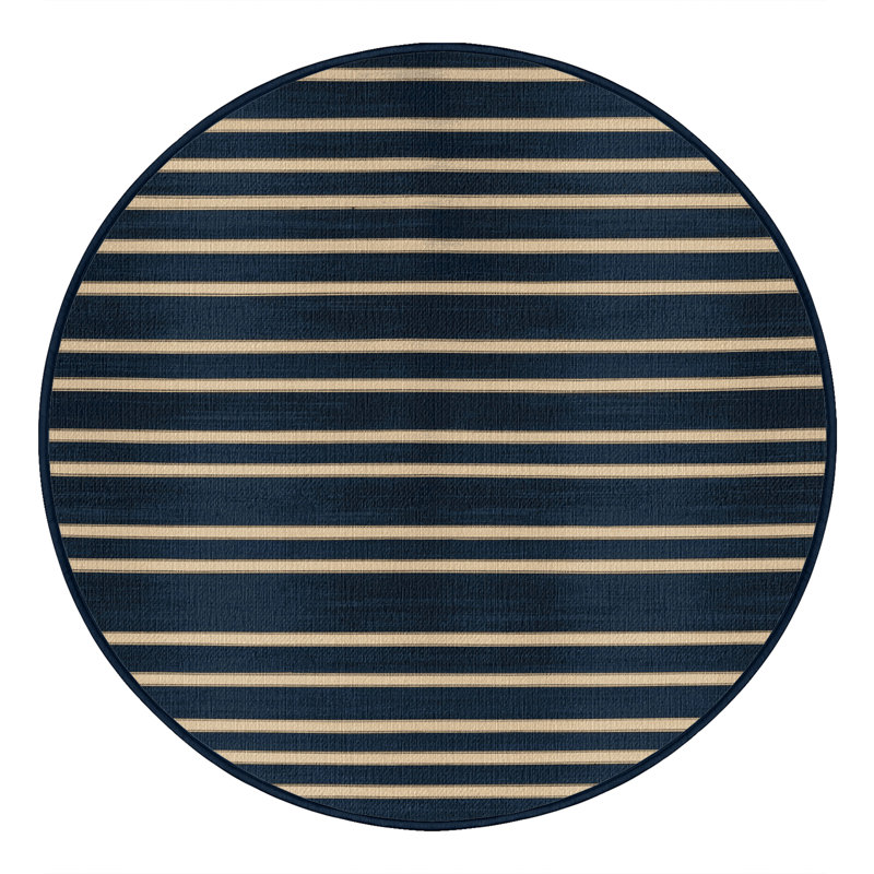 Washable Midnight Blue Cream Striped Area Rug, Round 3'