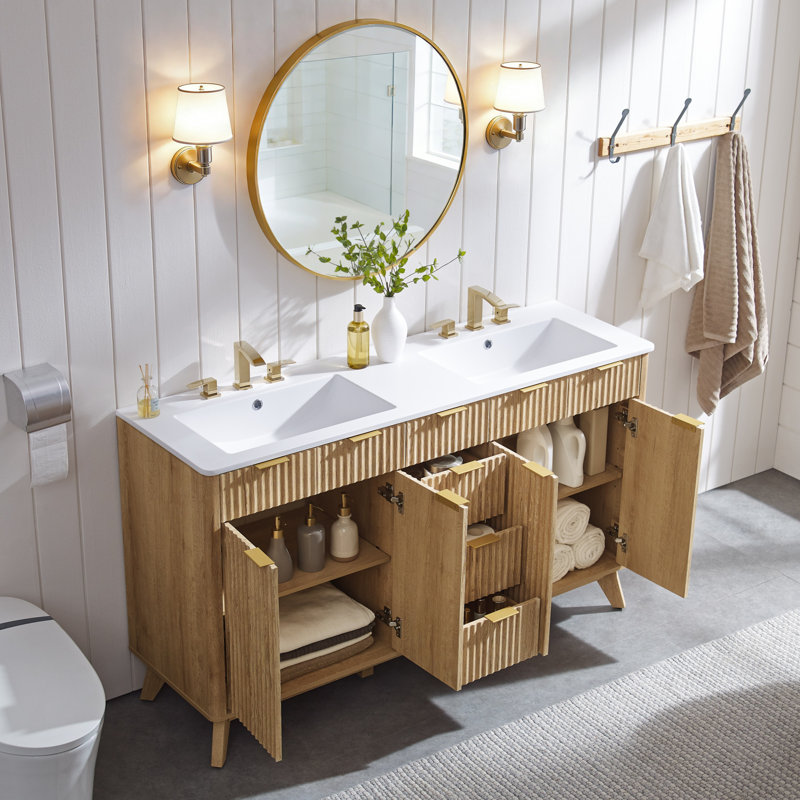 Meuble-lavabo double autoportant de 60 po avec plateau en pierre reconstituée et portes à fermeture en douceur 60 po