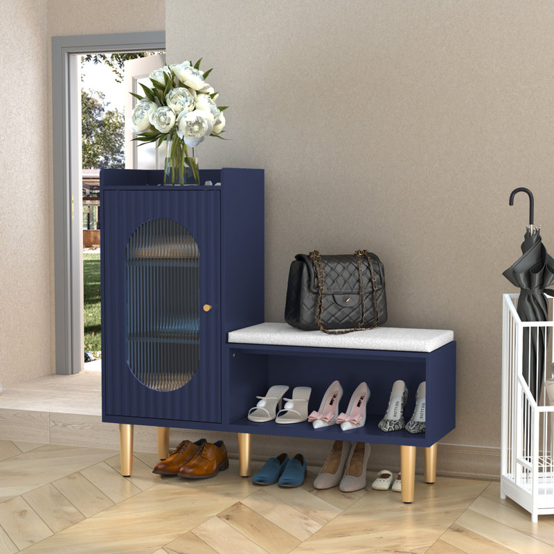 Tokie Modern Entryway Shoes Cabinet Bench with Glass Door, Blue
