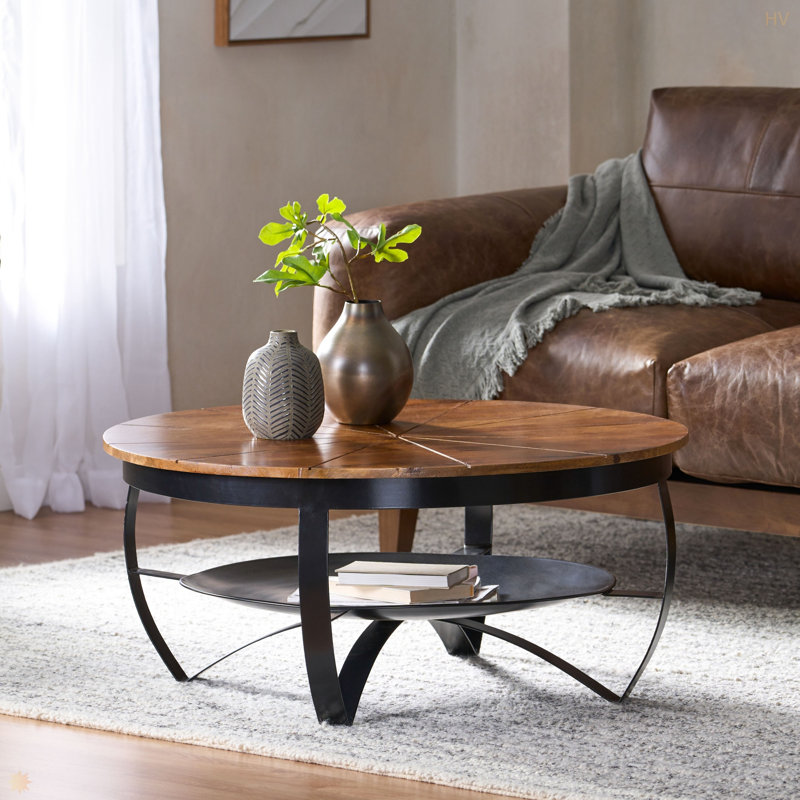Table basse en bois de manguier et fer à la main fabriquée à la main