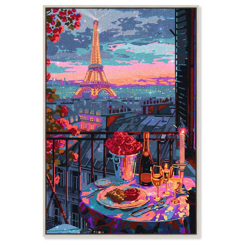 «A Lovely Paris Dinner», art mural rose par Dakota Fields, H 46 po x l 31 po, Cadre argenté