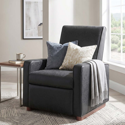 Fauteuil inclinable manuel moderne en polyuréthane (PU) à 2 positions avec dossier réglable à 160° et pieds en bois d'hévéa couleur noyer, idéal pour le salon, la chambre à coucher et le home cinéma.