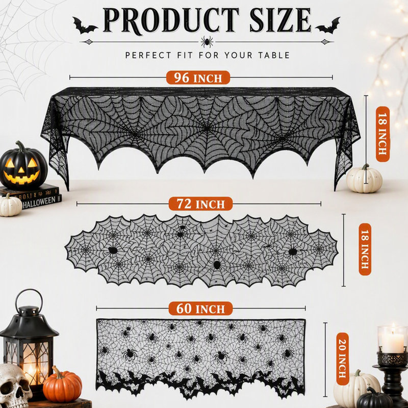 Ensemble de décoration de table d'Halloween en 5 pièces : toile d'araignée, chemin de table en dentelle noire, écharpe de foyer, nappe ronde, abat-jour et 60 chauves-souris 3D pour la décoration des fêtes et d'intérieur.