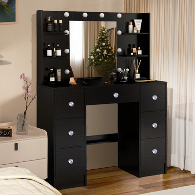 Table de coiffeuse noire avec miroir et lumières DEL, luminosité réglable, table de maquillage avec 7 tiroirs et poignée en cristal pour la chambre à coucher