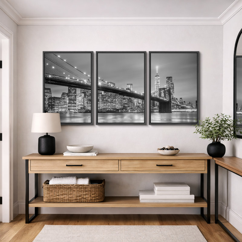 «Architecture Bridge», pont de Manhattan à New York, art moderne, photographie contemporaine en noir et blanc, impression sur toile encadrée, 3 pièces, art mural 16 po x 24 po x 3, 24 po x 36 po x 3