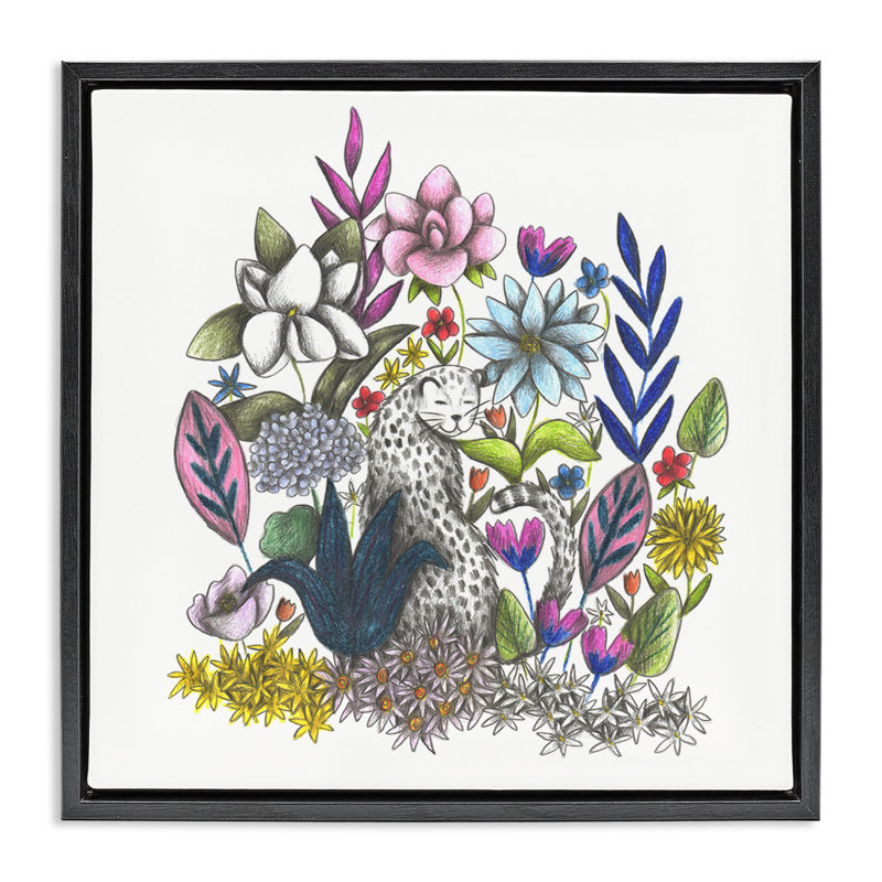 Cadre flottant Leopard au milieu des fleurs, design par Cecilia Battaini, H 25 po x l 25 po, Cadre flottant noir de jais