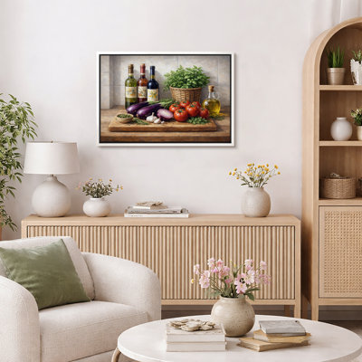 Illustration de cuisine italienne, photos d'ingrédients frais et d'herbes, impression sur toile encadrée