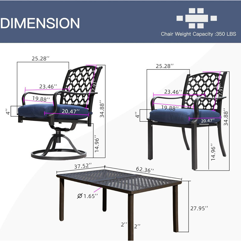 Mobilier de patio extérieur 7 pièces, métal et table, coussins bleu marine, solide pour la cour