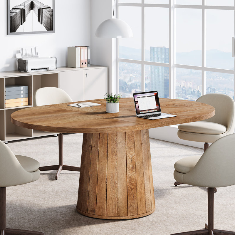 55" Oval Conference Table with Wood Base for 6 People
