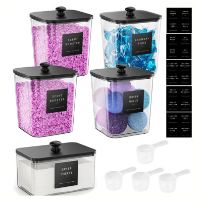 4+1 Pack black Laundry Pods Container, Clear Laundry Room Organization Containers, Large LaundryDetergent Powder Storage Containers Black Wooden Lids & Labels, Acrylic Laundry PodsHolder for Scent