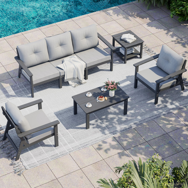 7-Piece HDPE Patio Conversation Seating Set with Cushions, Gray