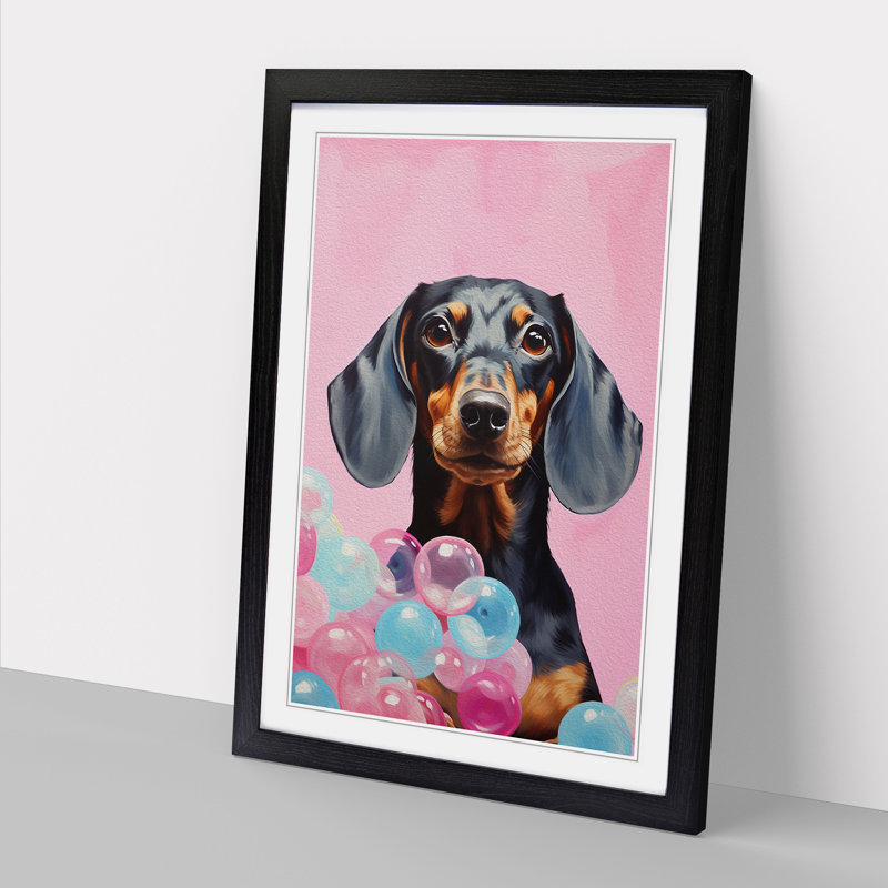 Dachshund Bubble Gum No.3 - Single Picture Frame Print on Wood, 46cm H x 34cm W x 2cm D, Black