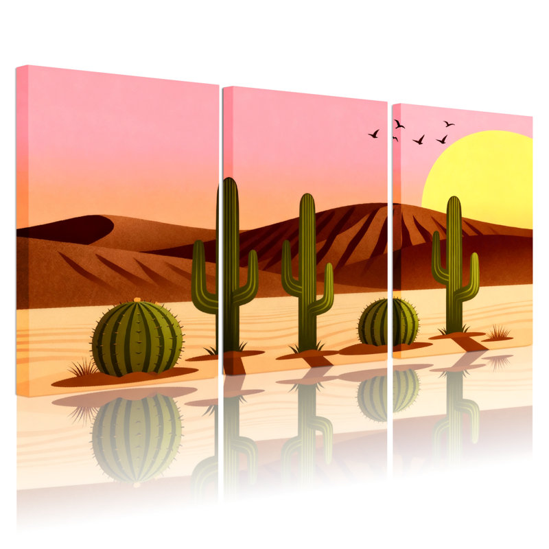 Cactus désert, Cactus coucher de soleil, paysage, ensemble de 3 reproductions d'art sur toile, H 24 po x l 48 po