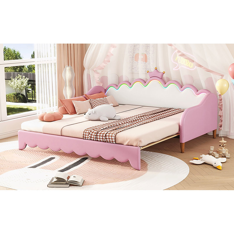 Lit de jour simple à rallonge avec lumières DEL, lit de jour princesse rembourré moderne, Rose