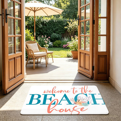 Paillasson Beach House, 24 po x 36 po, pour porte d'entrée, bleu sarcelle et corail