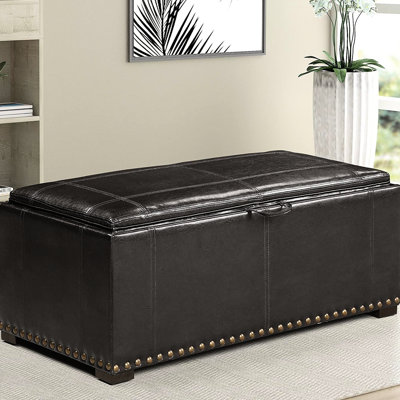 Banc de rangement en cuir noir avec 2 repose-pieds, convertible en table, parfait pour le salon, aspect têtes de clous, banc de H 16 po x l 39,68 po x P 40 po, style repose-pieds 13,5 po