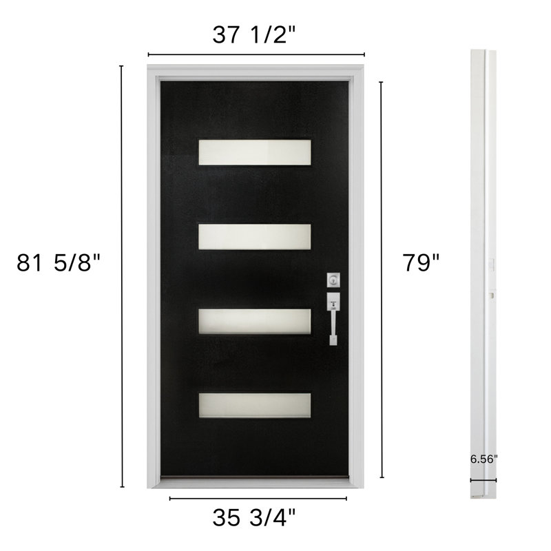 Porte d'entrée extérieure moderne en fibre de verre avec cadre complet et verre givré, Droite / vers l'intérieur
