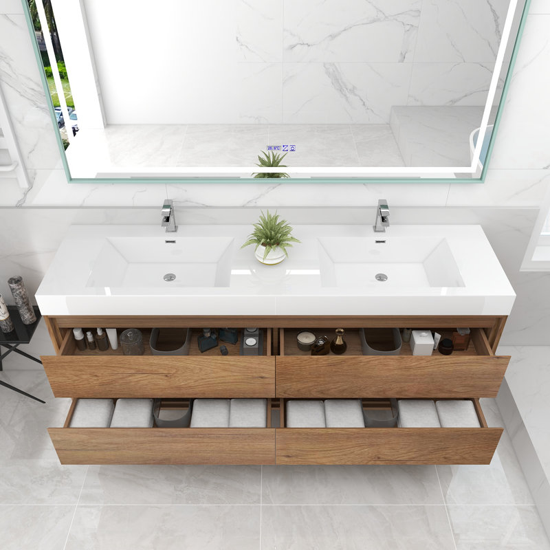 72'' Double Bathroom Vanity with Acrylic Top, Teak Oak