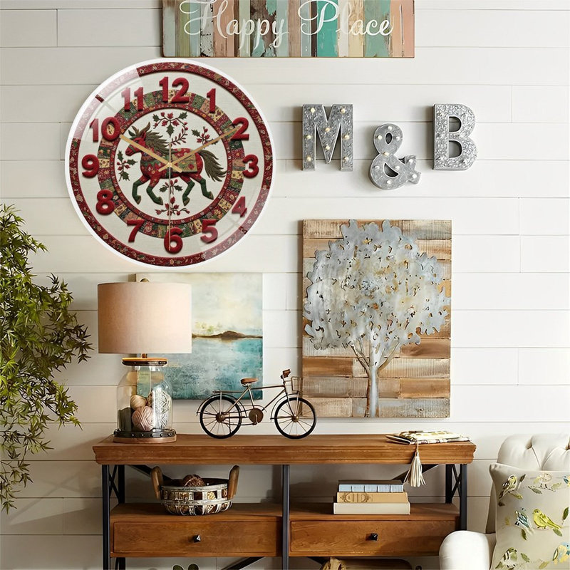 Horloge murale festive - brodée - cheval - horloge murale moderne en verre 12 po