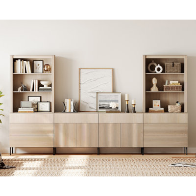 71"H X 126"W Tall Fluted Bookshelf With 8 Drawers And 4 Doors, Modern 10-Tier Bookcase With Open Storage, Large Wood Display Cabinet For Living Room Bedroom Home Office Kitchen