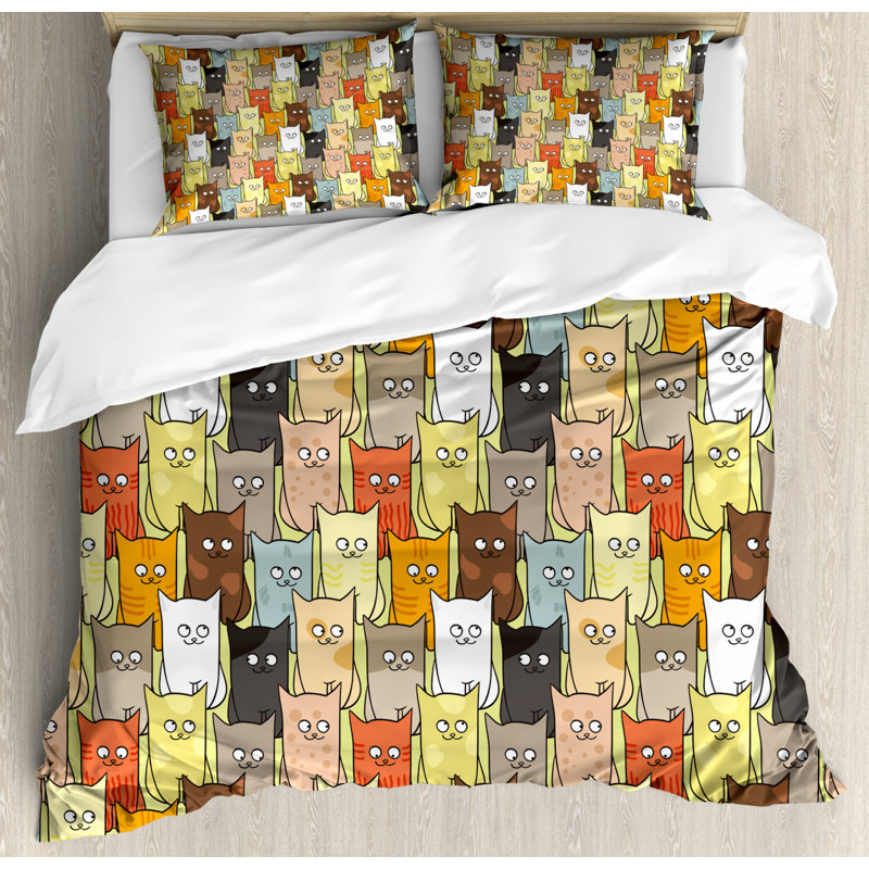 Queen Multicolor Cartoon Cats Duvet Cover Set