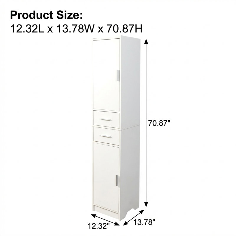 Tall Bathroom Storage Cabinet with Two Doors and Two Drawers, Adjustable Shelves, Slim Floor Storage Unit