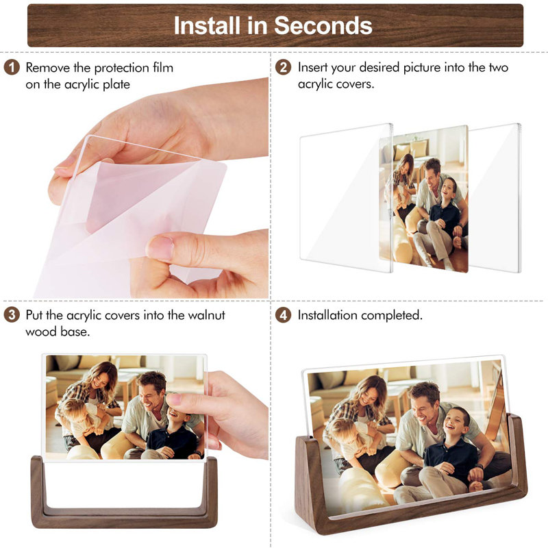 4X6 Wood Photo Picture Frame 2 Pack - Rustic Wooden Picture Frame With Walnut Wood Base And High Definition Break Free Acrylic Covers (Horizontal + Vertical)