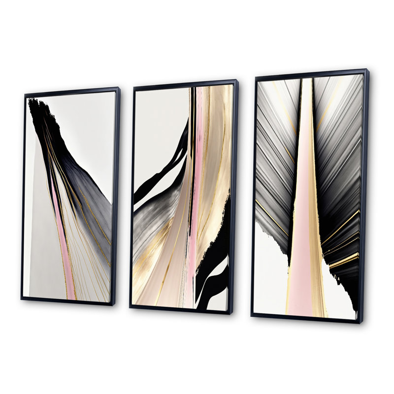 «Minimalisme rose et doré cubique fusion VI», 3 pièces sur toile, H 28 po x l 36 po, Noir