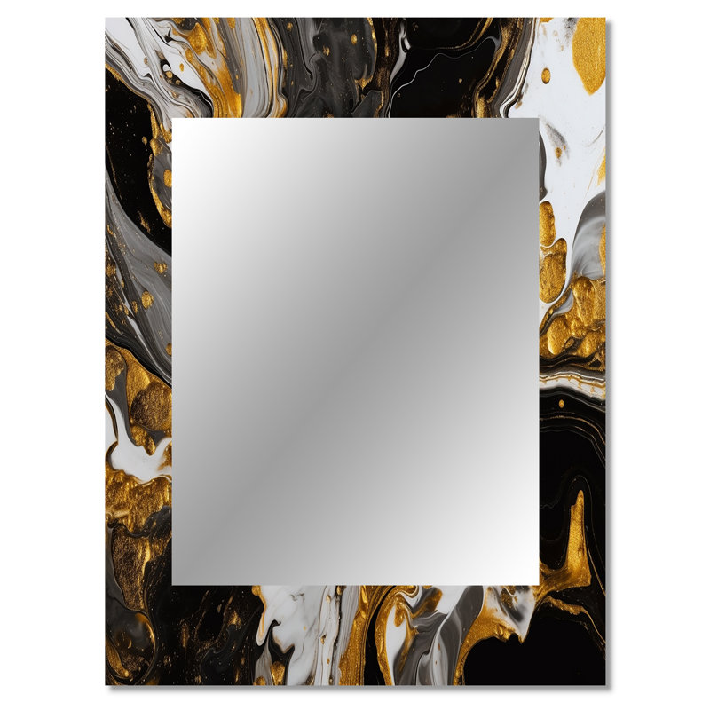 Gold Black Marbled Dreamscape II - Geometric Mirror, Gold Decorative Wall Mirror, Printed Metal Art, 40" x 30"