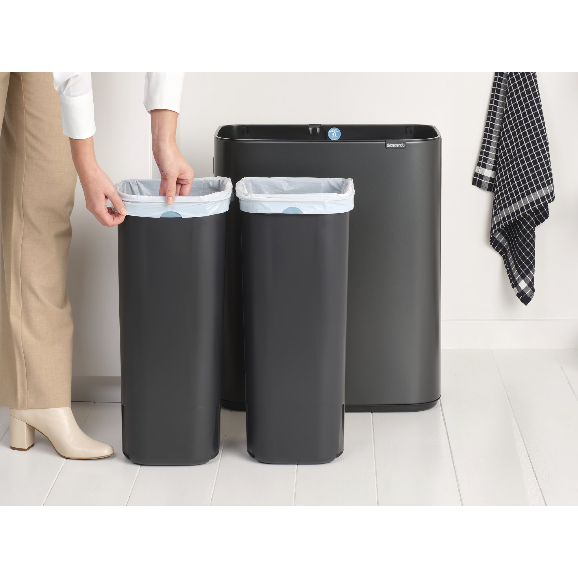 Brabantia Bo Touch Top Dual Compartment Recycling Trash Can, 2 x 8 Gallon (16 Gallon Capacity), Confident Gray