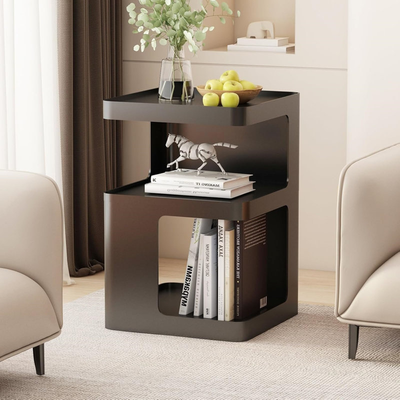 Black Modern 3-Tier Metal Side Table With Storage