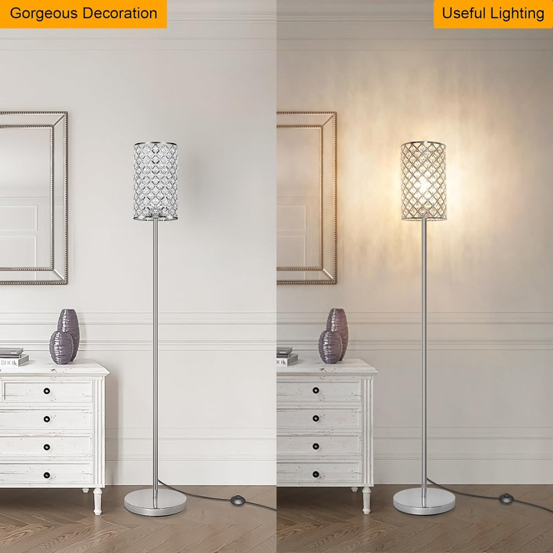 Crystal Floor Lamp For Bedroom, Floor Lamp With On/Off Foot Switch, Elegant Standing Light Tall Pole Lamp For Living Room, Dresser, Office (E26 Base)
