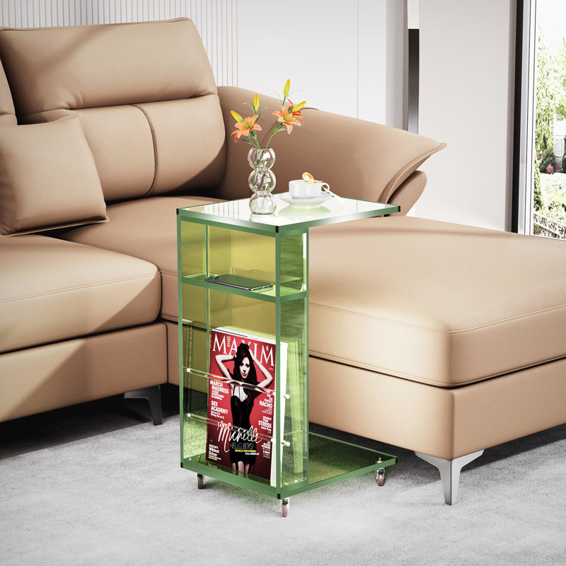 Kabron Acrylic Side Table on Lockable Wheels, C Shaped End Table, Suitable For Living Room, Bedroom, Green