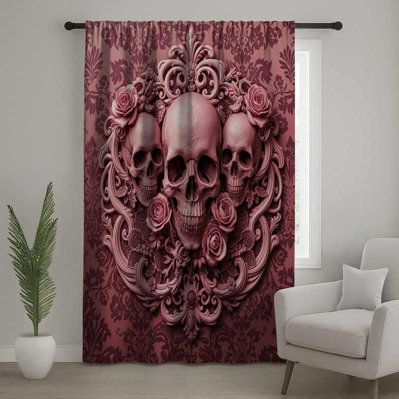 Rideaux de fenêtre Skulls With Pink Roses, 50 po x 80 po - 1 panneau, Sheer
