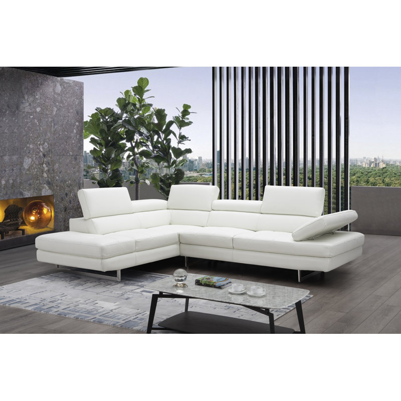 Upholstered Sectional, Off White Genuine Leather, Left Hand Facing
